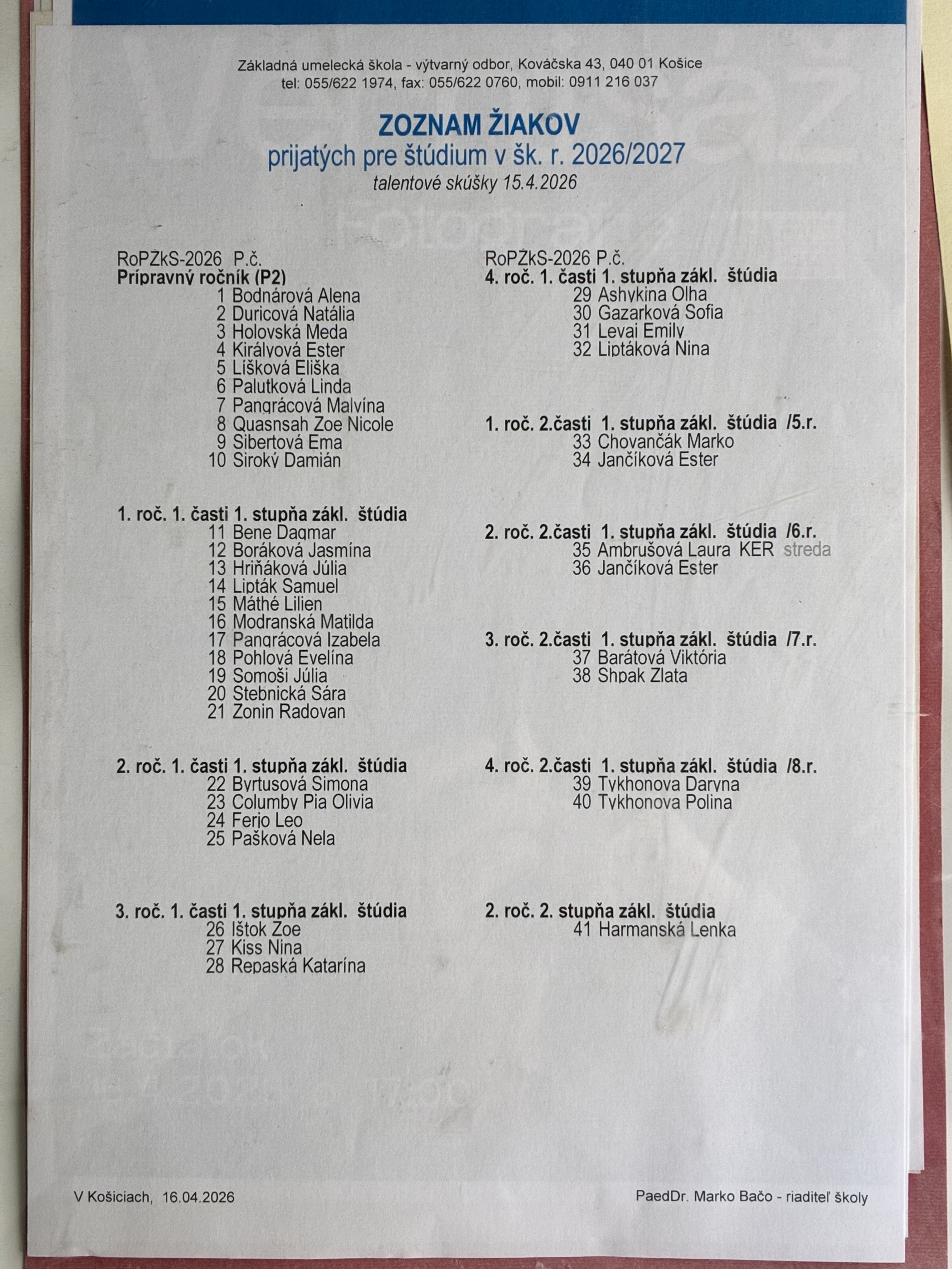 Zoznam ziakov prijatych pre skolsky rok 2026/2027